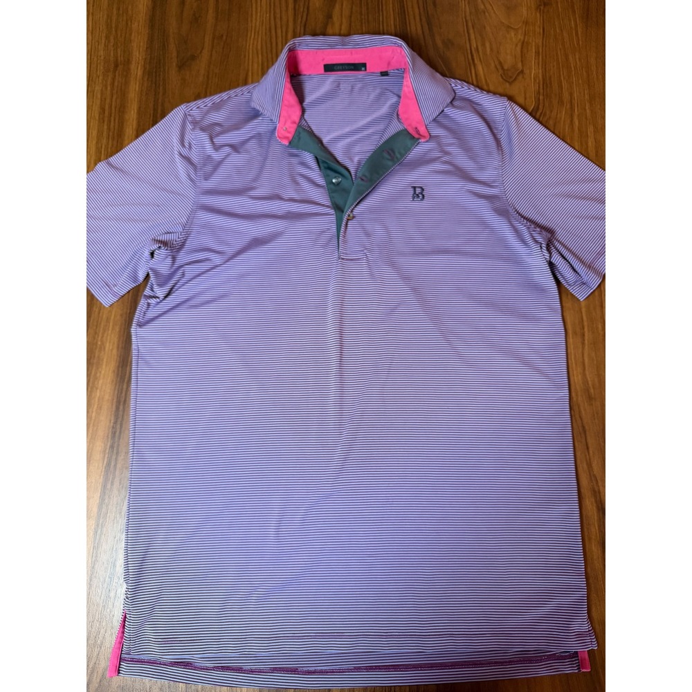 Greyson Clothiers Mens Purple Striped Golf Polo Shirt Pink Accent Size M